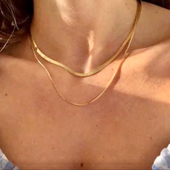 NEW 14K Gold Plated Double Layer Flat Herringbone & Thin Snake Chain Necklace - Picture 2 of 12